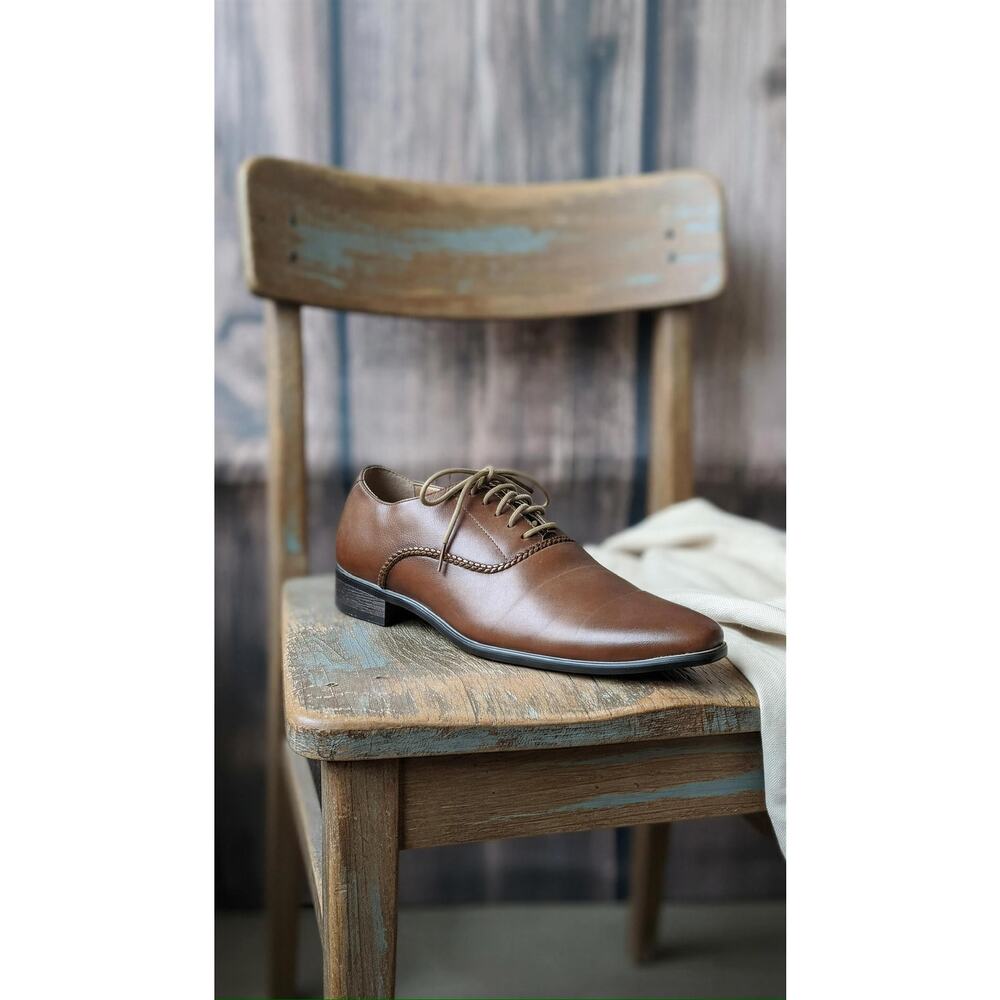 Men's Oxford Dress Shoes Brown Lace Up Braided Trim Almond
